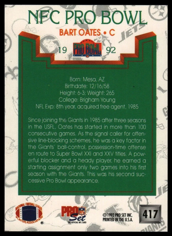 1992 Pro Set #417 Bart Oates - Image 2 of 2