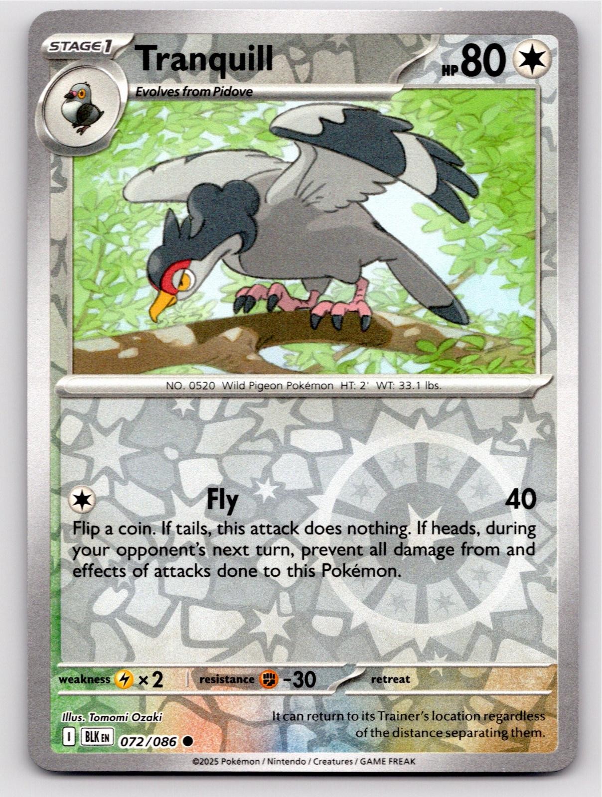 2025 POKEMON TRANQUILL BLACK BOLT 072/086 REVERSE HOLO C NM A55366 FREE S&H