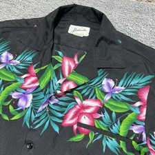 Vintage 70's Helena  s Hawaiian Shirt Mens LG Made in Hawaii Aloha Hibiscus Black