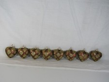Set of 8 Heart Shaped Glass Christmas Ornaments Gold Glitter with Red Stripes