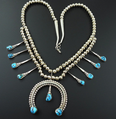 Robert Begay RB Sterling Silver Turquoise Squash Blossom Naja Necklace Navajo