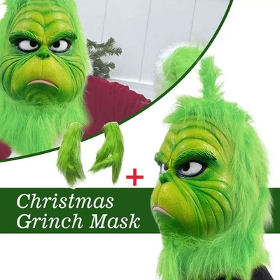 The Grinch Mask Costume with Green Furry Fur for Christmas Cosplay Party
