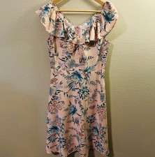 LOFT Floral Sheath Dress Pink Teal Ruffles Garden Fairy Whimsy Romantic Size S
