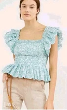 Love The Label Floral Green Blue Ruffle Puff Smocked Peplum Preppy Boho Top XL