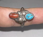 925 Sterling Silver Vintage Native American Turquoise And Coral Ring