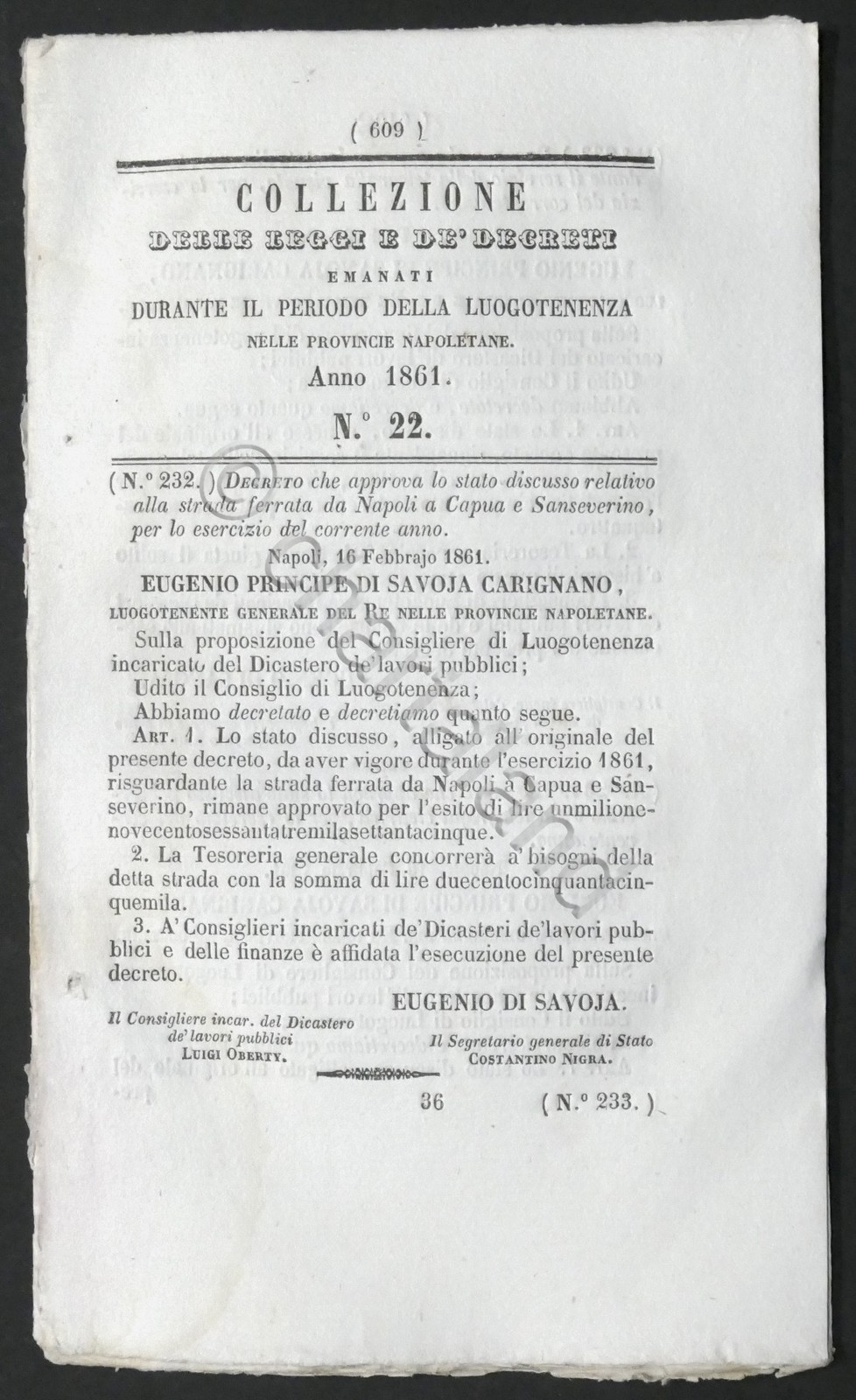 Leggi Decreti Luogotenenza Prov. Napoli N. 22 - 1861 Strada ferrata Napoli Capua