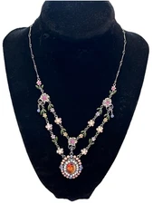 Vintage Avon Nina Ricci Floral Drop Necklace Enamel Flowers Rhinestones