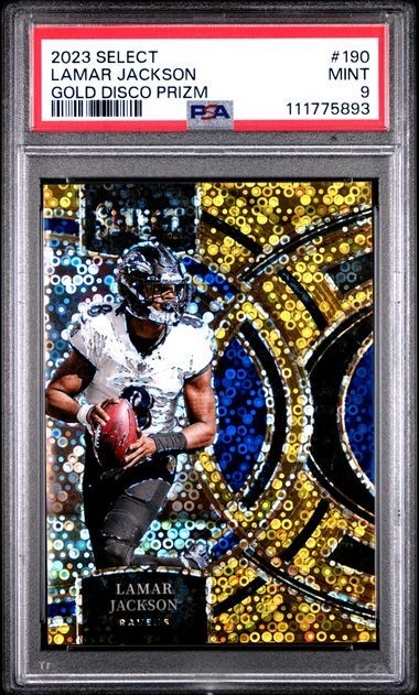 2023 Panini Select Lamar Jackson #190 Disco Gold Prizm Premier 10/10 PSA 9