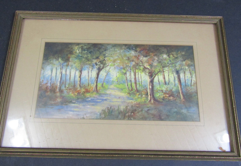 Old watercolor Painting Forest Stream landscape Impressionist John Bauchmann