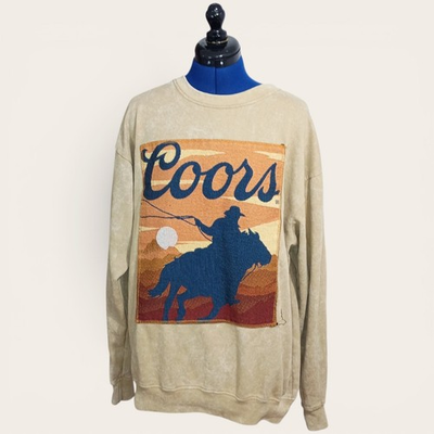 #ad Coors Cowboy Embroidery Graphic Sweatshirt Mens Large Tan Sun Wash Crewneck $27.00