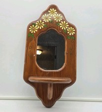 Vintage Hand-Painted Wooden Wall Mirror 17x8.5 Daisy Floral Shelf Hook Joanne