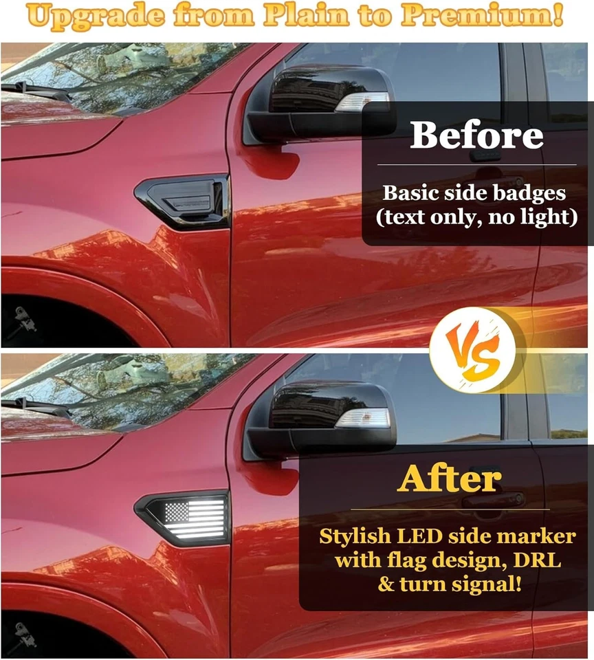 Side Marker Lights for Ford Ranger 2019-2023 Vents with Amber Turn Signals DRL - Image 3 of 4