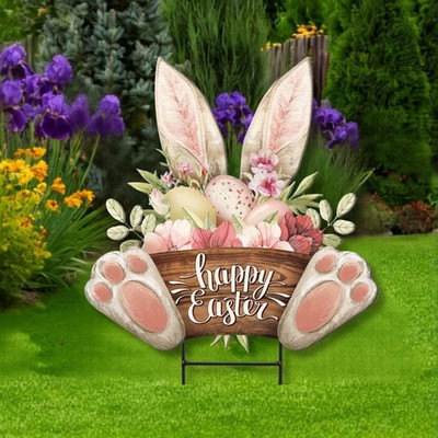 Easter Bunny Eggs Floral Garden Stake Metal Rabbit Outdoor Spring Yard Art Decor