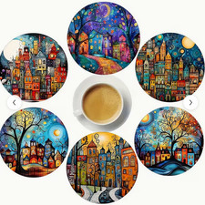 LOT 0F 6 NIGHT LIGHT CITY LANDSCAPE DRINK COASTERS LIVING ROOM DECOR