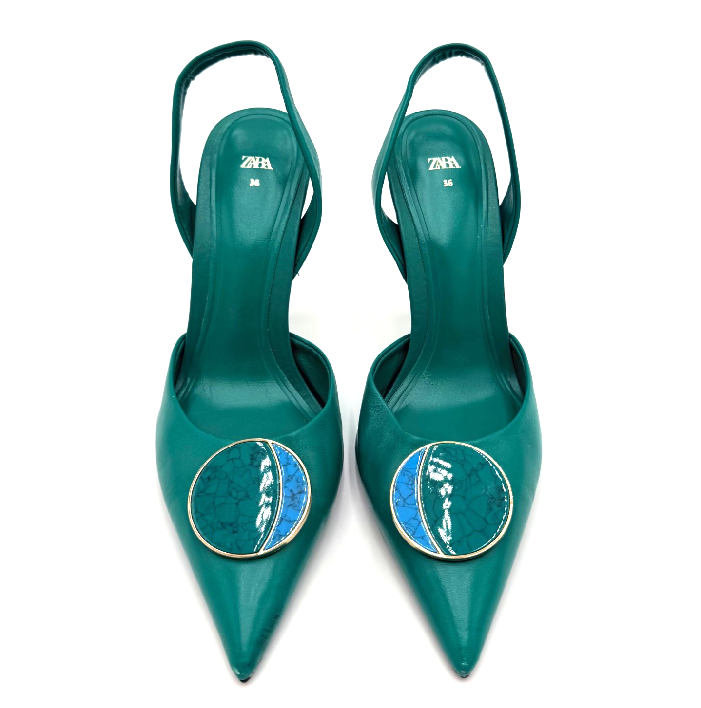 Zara Green Pointed Toe Women' Shoes Slingback Heels with Stone Detail Size 36