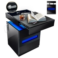 Night Stand with Gun Drawer, Modern Nightstand with Led Lights and Hidden Com...