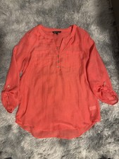 Express Women's Orange Solid Split Neck Roll Tab 3/4 Sleeve Button Blouse Tops S