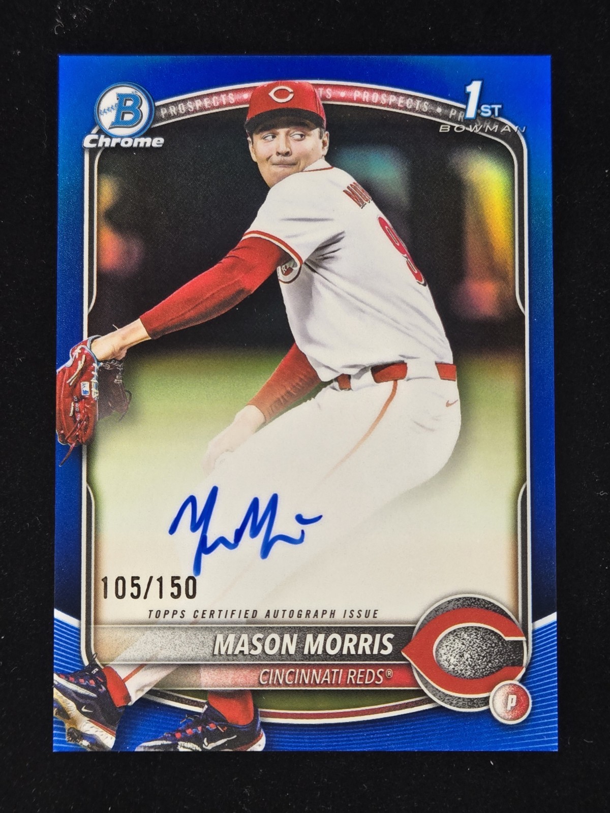 2025 Bowman Draft MASON MORRIS 1st Chrome True Blue Refractor AUTO 105/150 Reds