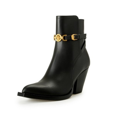 Versace Women's Black Leather Gold Medusa Heeled Booties Shoes US 10 IT 40