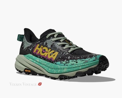 HOKA 'W SPEEDGOAT 6' TRAIL RUNNING SHOES IN BLACK ALOE VERA MSRP $155