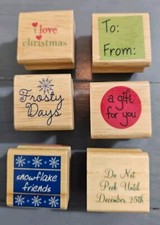 Set Of 6 Wooden Backed Christmas, Holiday, Winter, Gift Phrase Stamps