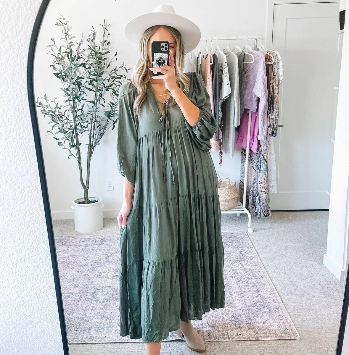 Sz XS Young Fabulous & Broke Dawn Maxi Dress Green Tiered 3/4 Sleeve