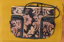 Vintage Retro Marlo Tapestry Sleek Travel Tote Bag side pockets black floral