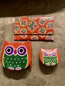 3piece genuine leather owl wallet keychain and coin purse