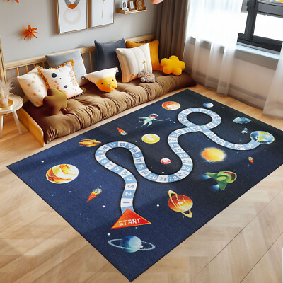 Kurzflor Teppich Kinderteppich KinderzimmerSpiel Weltall Planet Rakete Blau