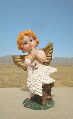 Small Figurine, Boy Angel, By a Tree Stump, Goose is on stump