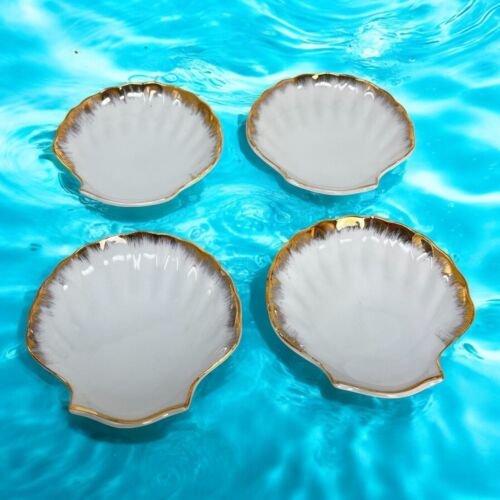 4 Seashell Porcelain Plates Dish Gold Trim 1950s Nautical Japan Coastal Tropical - Picture 2 of 7