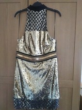 BNWT Pretty Little Thing Gold Sequin Halter Mini Dress - size 12