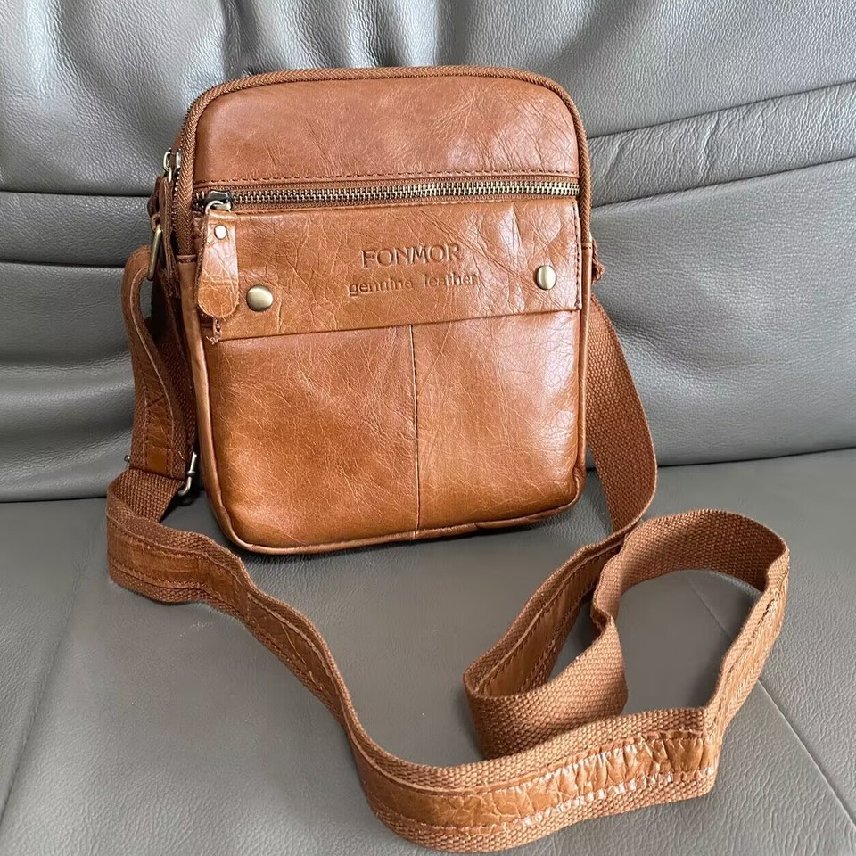 Genuine Leather Mens Brown Sling Shoulder Bag, Top Cowhide Leather