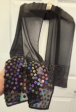 Vintage Sheer Black Chiffon Scarf W/Hand-Sewed Sequins 62 x 12