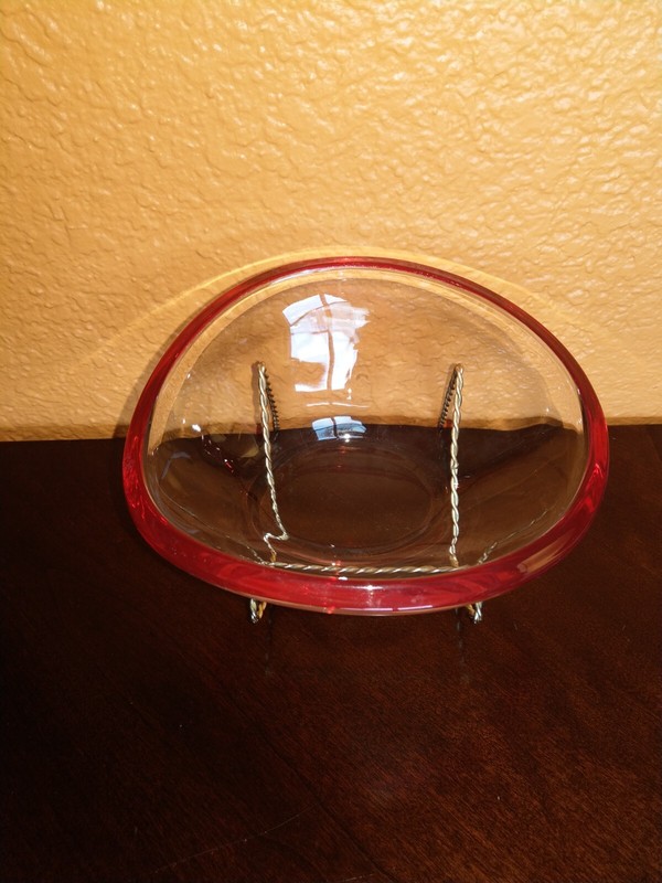 Vintage Walther Glass Candy Bowl Clear Glass Red Rim Oval 7” Germany