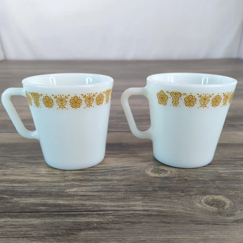 Vintage 70's Pyrex Milk Glass Mugs Gold Butterfly Coffee Mug Cups #1410 Lot of 2