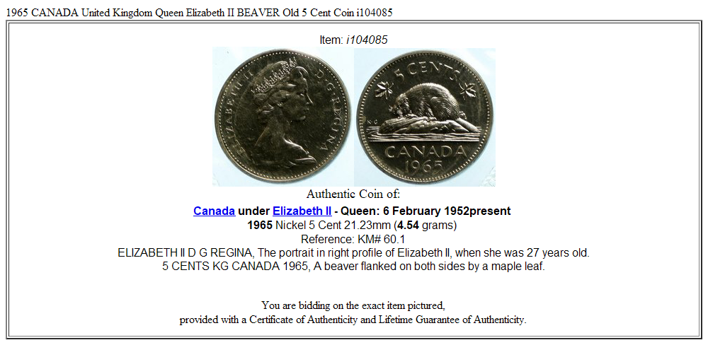 1965 CANADA United Kingdom Queen Elizabeth II BEAVER Old 5
