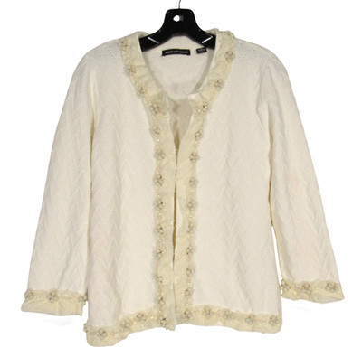 MICHAEL SIMON Ivory TEXTURED KNIT Clear Beaded/Layered Trim CARDIGAN/SWEATER L