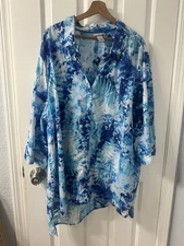 Catherines Blouse Women 3X 26/28W Blue White Tie Dye Roll Tab Sleeve Casual Top