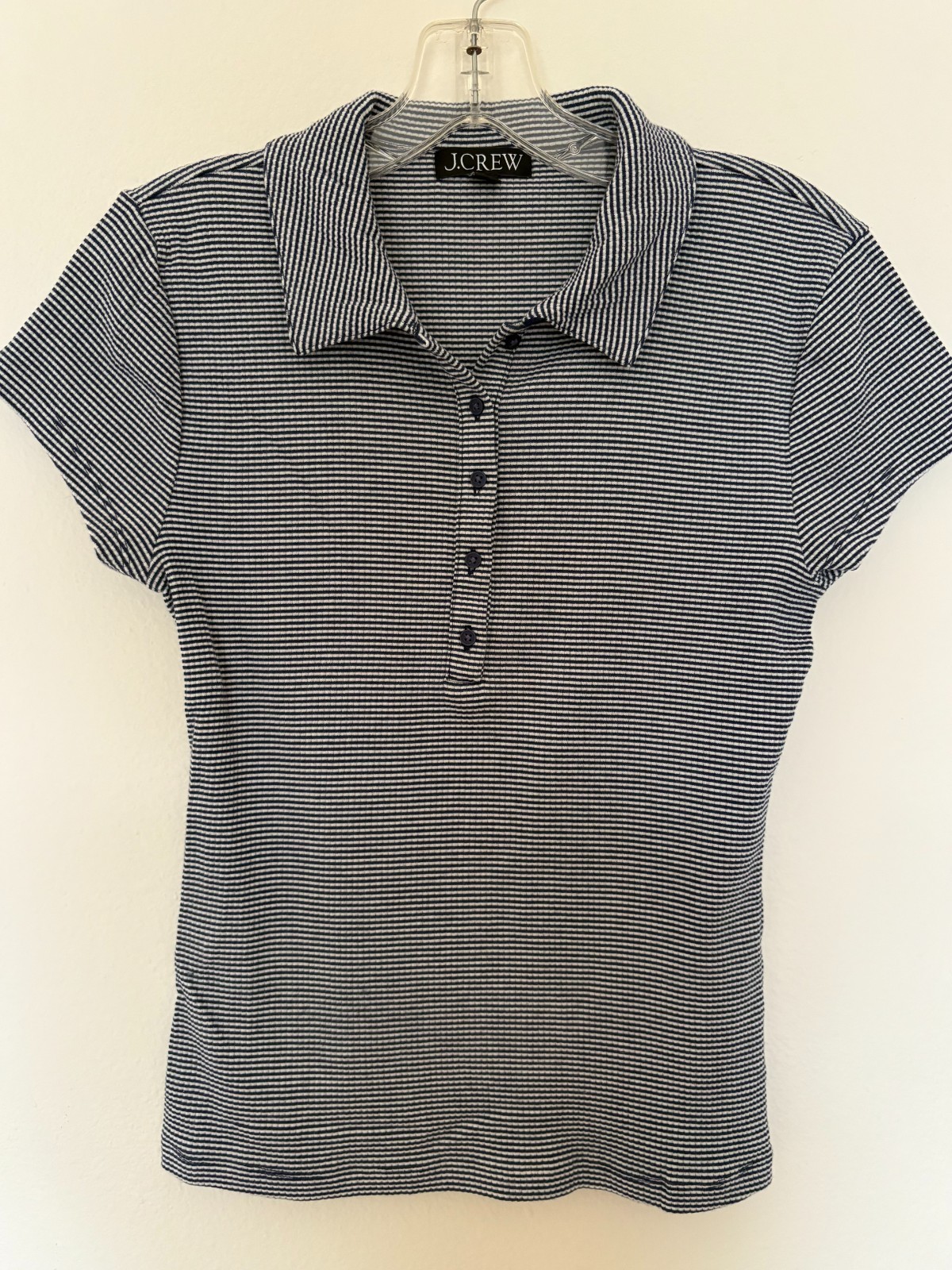 J.Crew Womens Black Striped Ribbed Slim Fit Short Sleeve Polo Shirt Size Medium