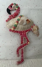 Handmade PINK FLAMINGO Seashell & Jewelry Beading Coastal Wall Hanging 11” OOAK