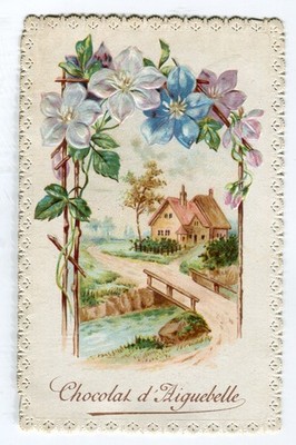 Glanzbilder Oblaten scraps Litho Landschaft  Haus Brücke Fluss Clematis 10,8 cm