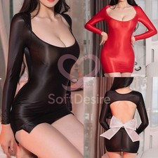 Woman's Glossy Mini Dress Lingerie Silky Oil Silk Sexy Bodycon Nightgown Outfits