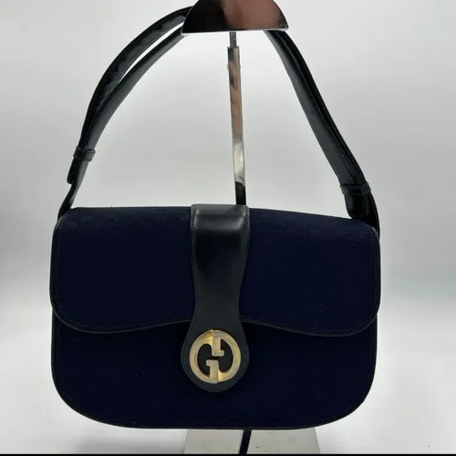 Authentic GUCCI Vintage Leather Shoulder Bag Black Gold Hardware Handbag #3277