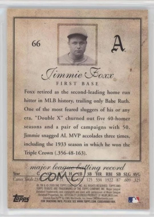 2009 Topps Tribute Jimmie Foxx #66 HOF - Image 2 of 2