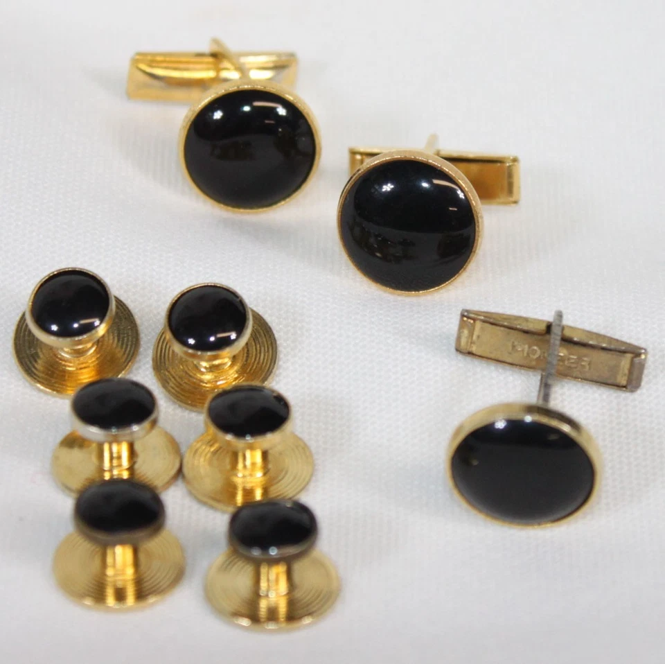 De Colección Pioneer Esmoquin Gemelos Tachuelas Botones Cubiertas Negro 9 piezas Formal Esmaltado Foto 2 de 4