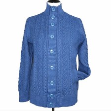 WoolOvers Blue Smoke Chunky Cable Knit Vintage Look Fishermans Cardigan Sweater
