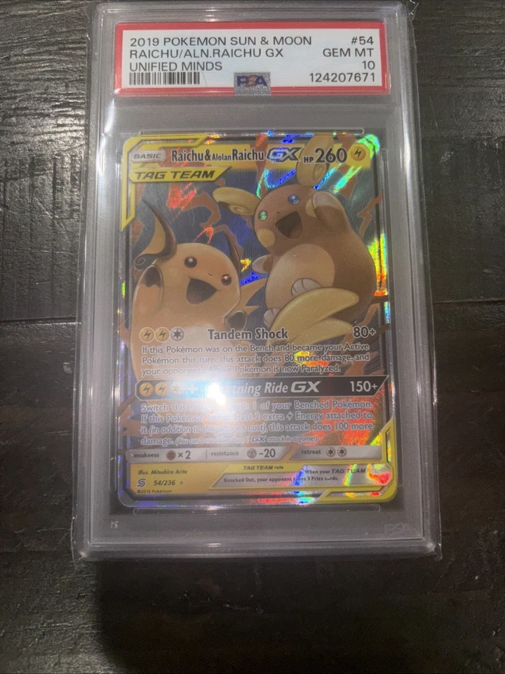 PSA 10 Gem Mint 2019 Pokemon Raichu & Alolan Raichu GX 54/236 Unified Minds - Image 3 of 4