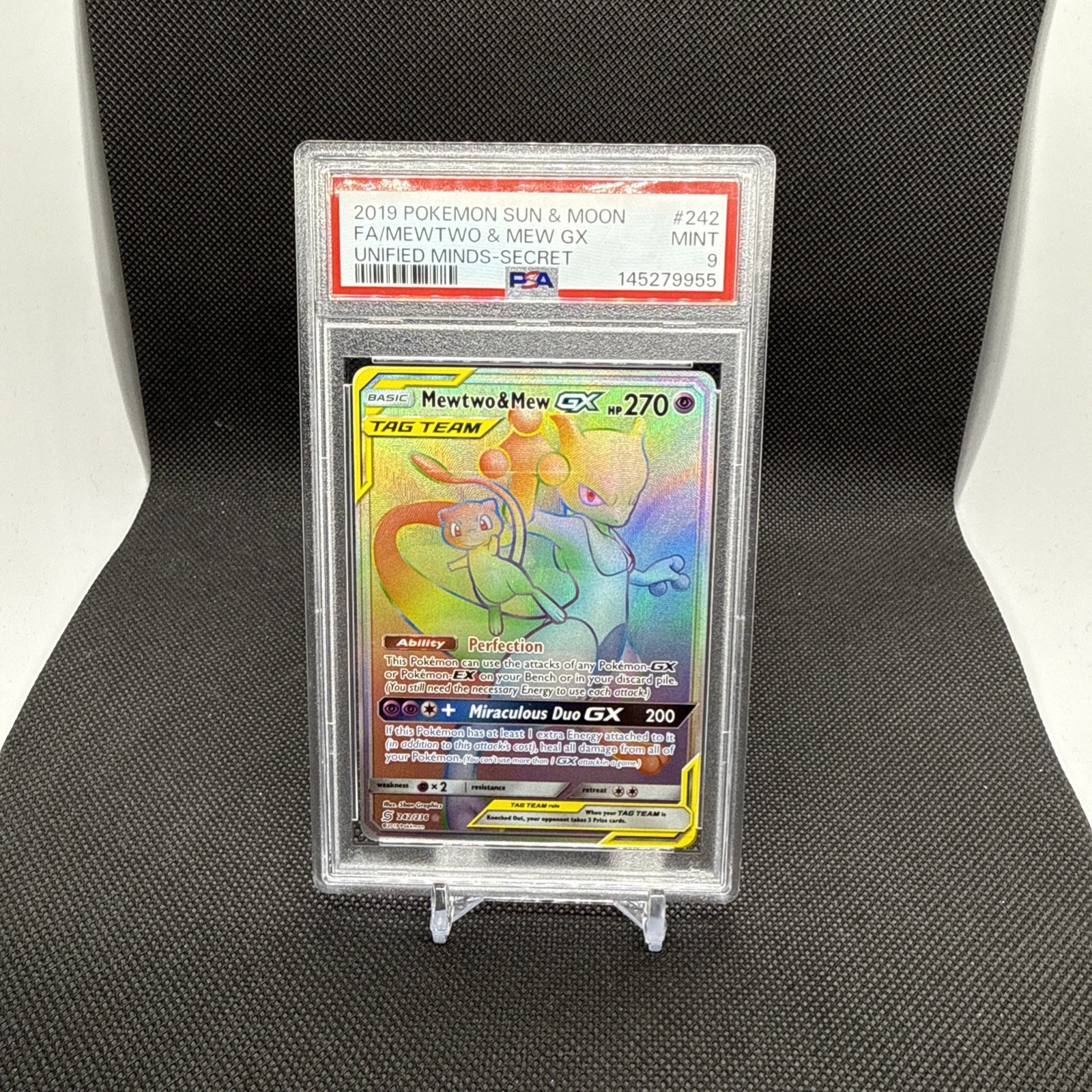 POKEMON MEWTWO AND MEW GX RAINBOW SECRET RARE 242/236 *REGRADE CANDIDATE* PSA 9