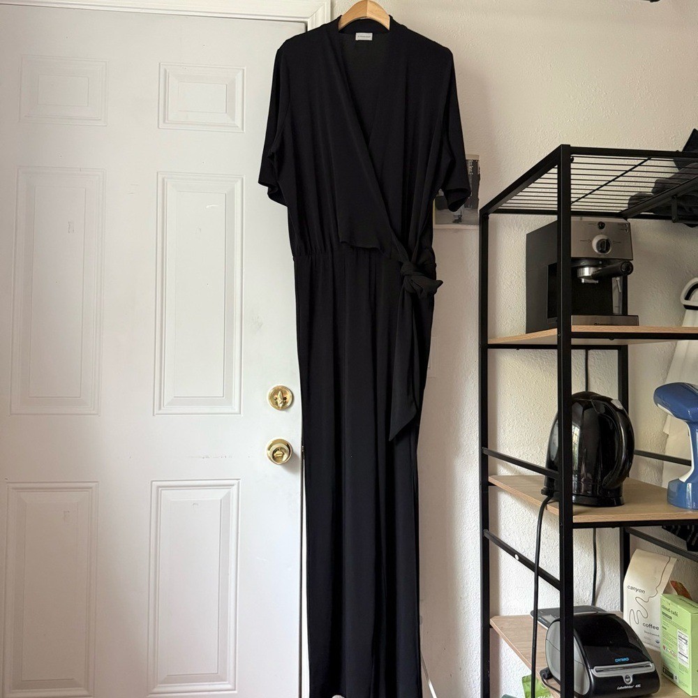 BY MALENE BIRGER black chunky knit surplice wrap style tie wide leg jumpsuit